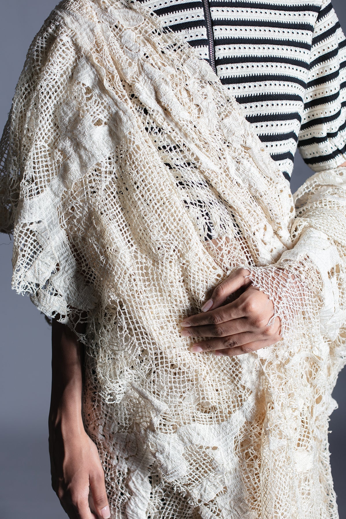 Off-White Map Saree with Knitted Strip Blouse