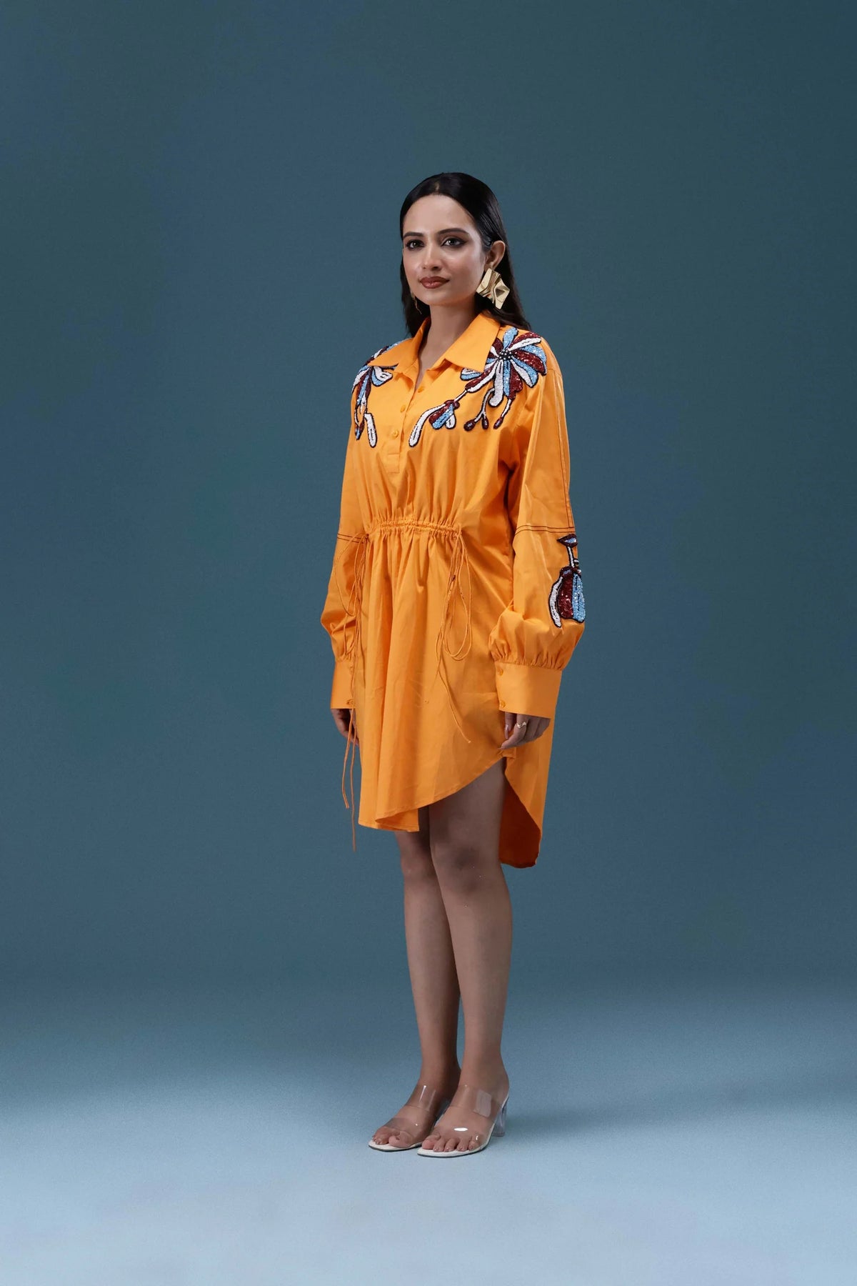Orange Embroidered Shirt Dress