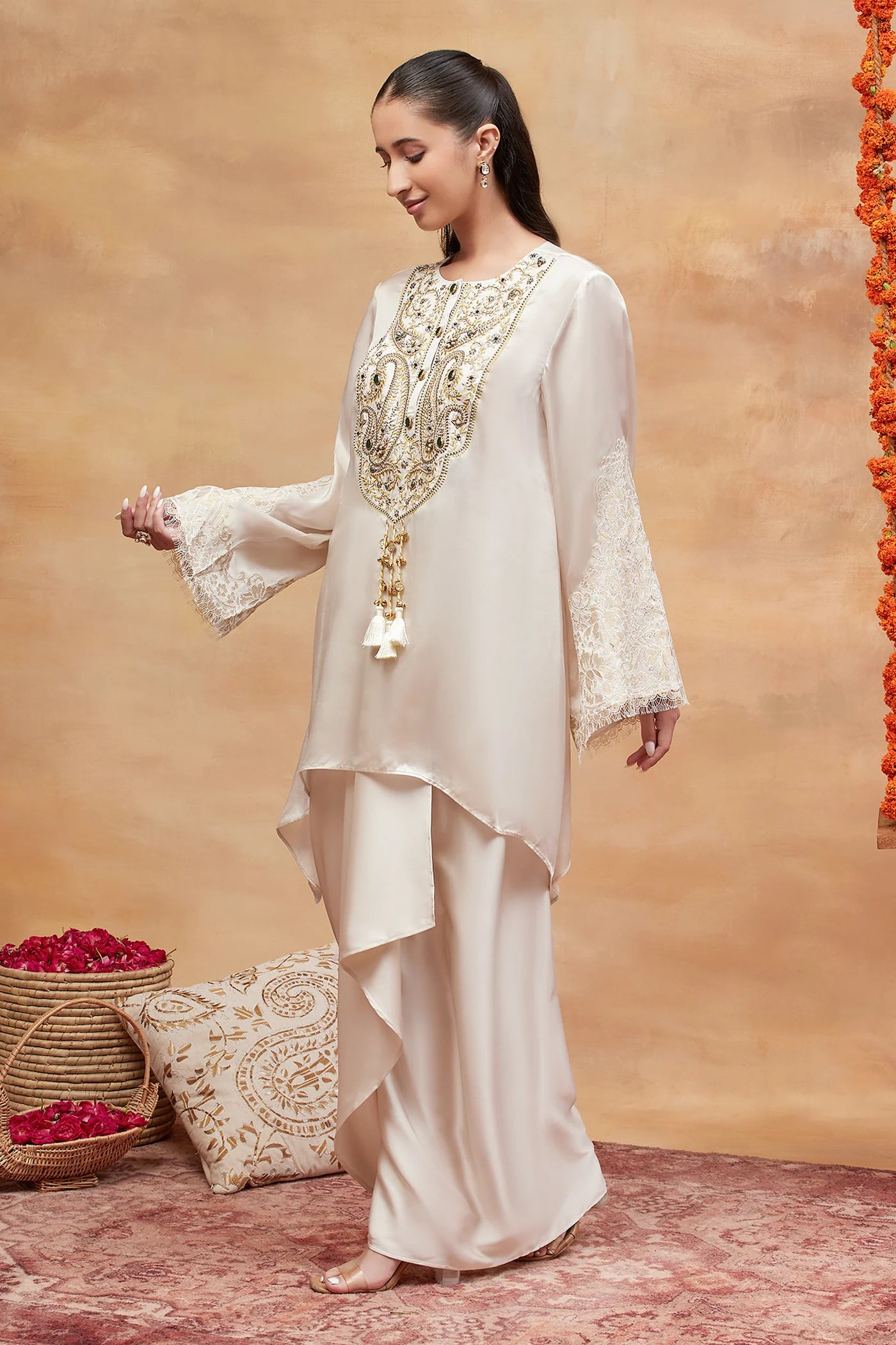 Panchganga Ivory Hand Embroidered Banarasi Skirt Set
