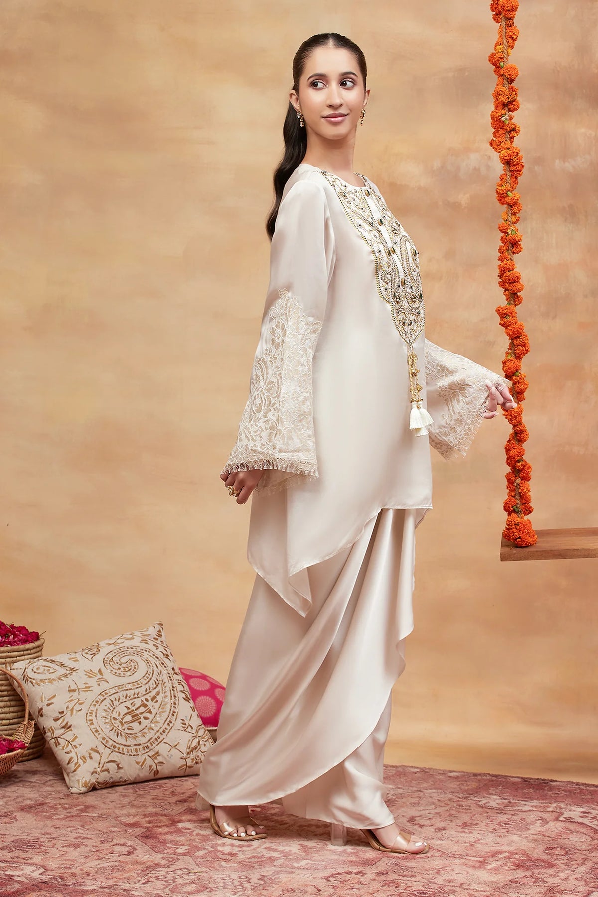 Panchganga Ivory Hand Embroidered Banarasi Skirt Set