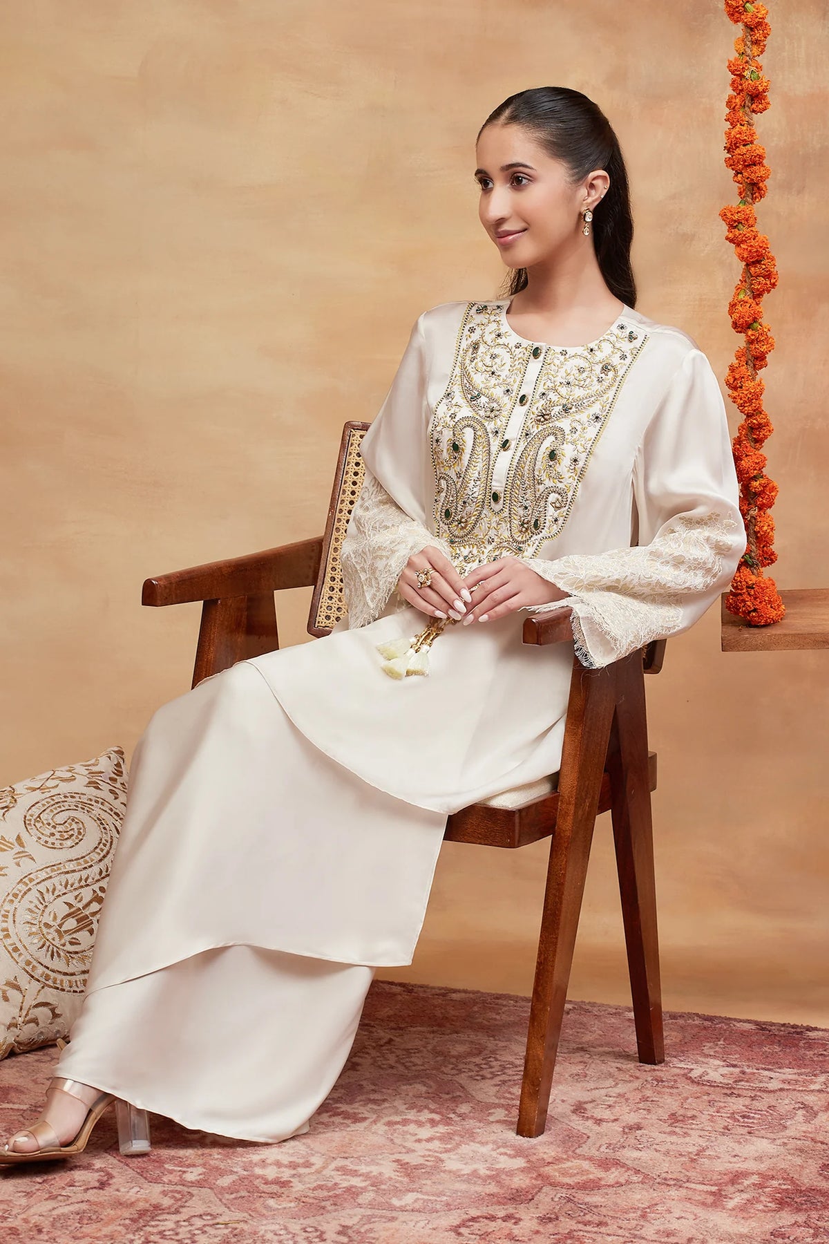 Panchganga Ivory Hand Embroidered Banarasi Skirt Set