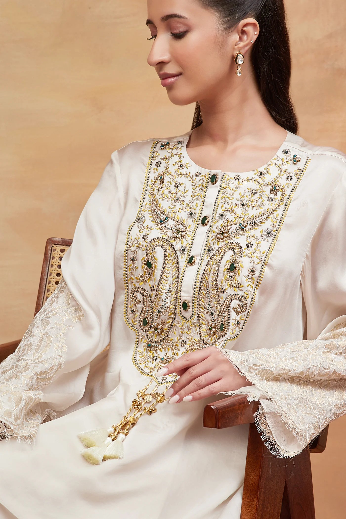 Panchganga Ivory Hand Embroidered Banarasi Skirt Set