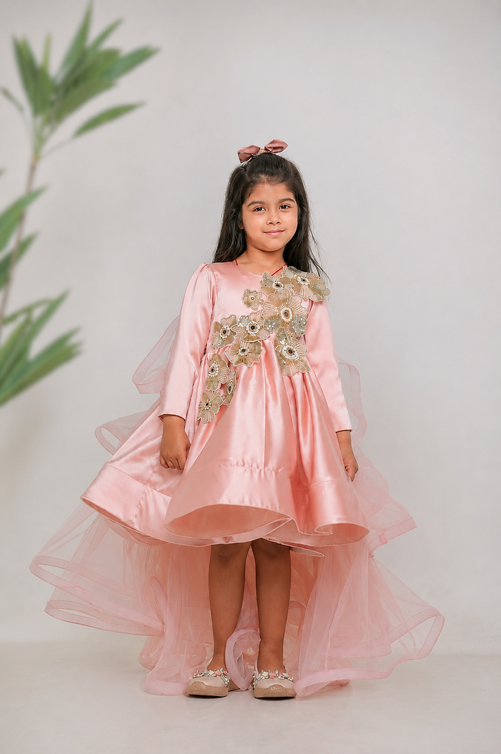 Peach Cutdana Flower Dress