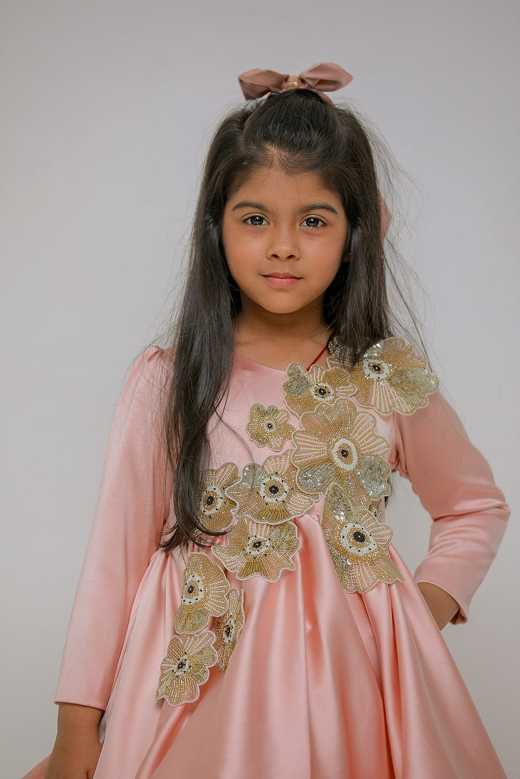 Peach Cutdana Flower Dress