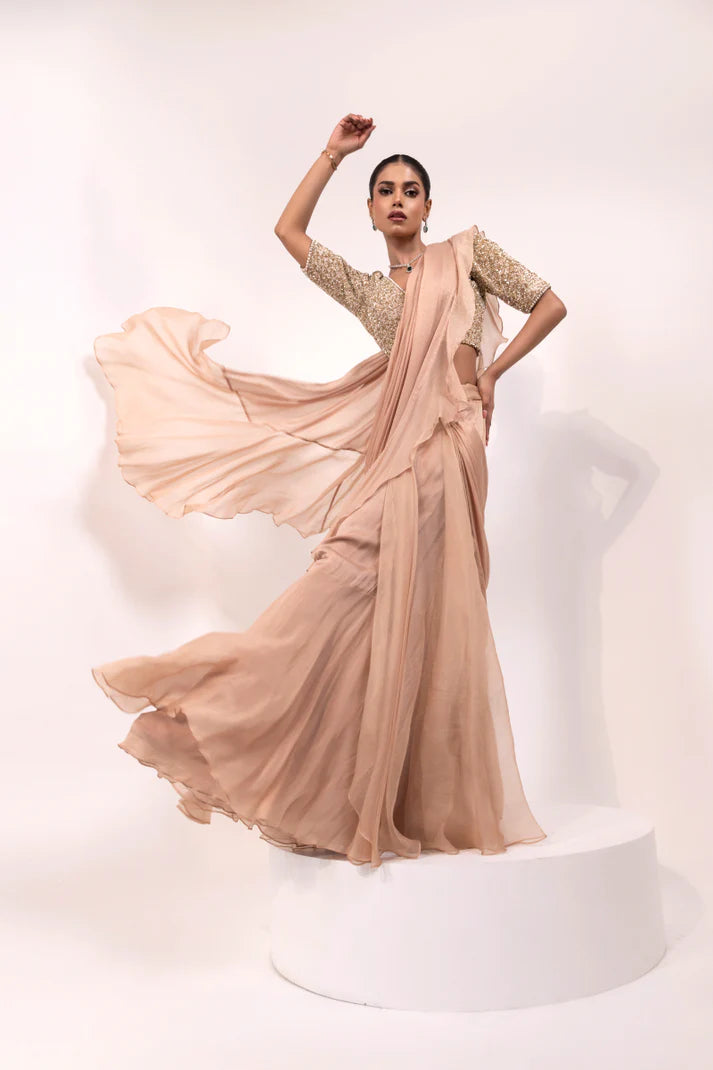 Peach Embellished Blouse with Layered Ruffle Saree