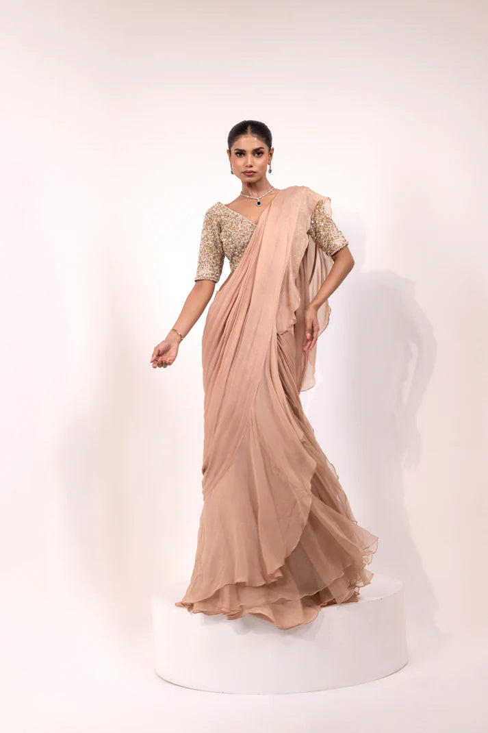 Peach Embellished Blouse with Layered Ruffle Saree