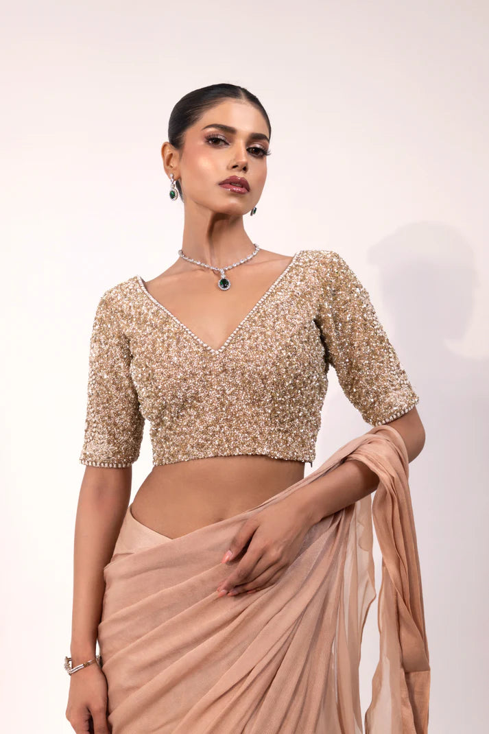 Peach Embellished Blouse with Layered Ruffle Saree