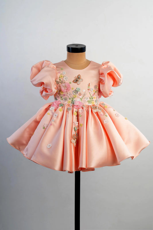 Peach Embroidered Luxury Satin Dress