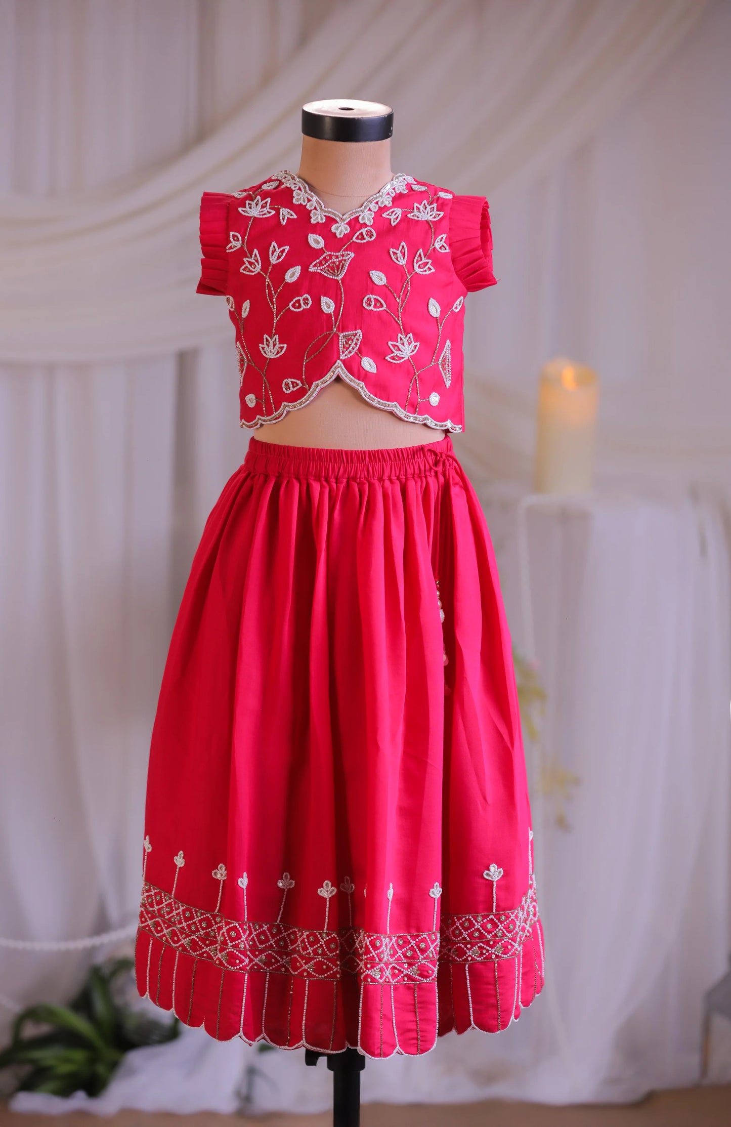 Pearl Embroidered Rani Pink Ghaghra