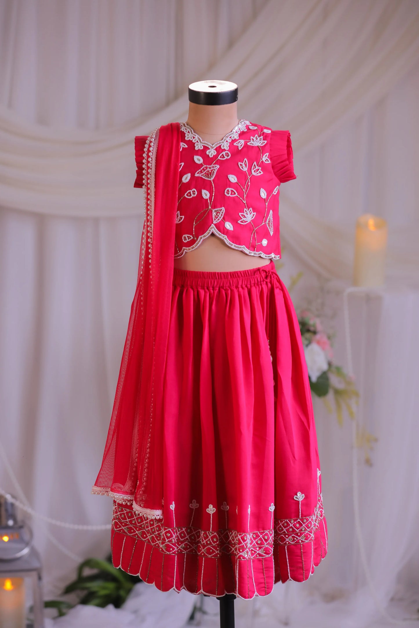 Pearl Embroidered Rani Pink Ghaghra