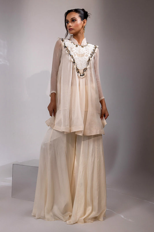 Ivory Sheer Tunic with Embellished Yoke Set