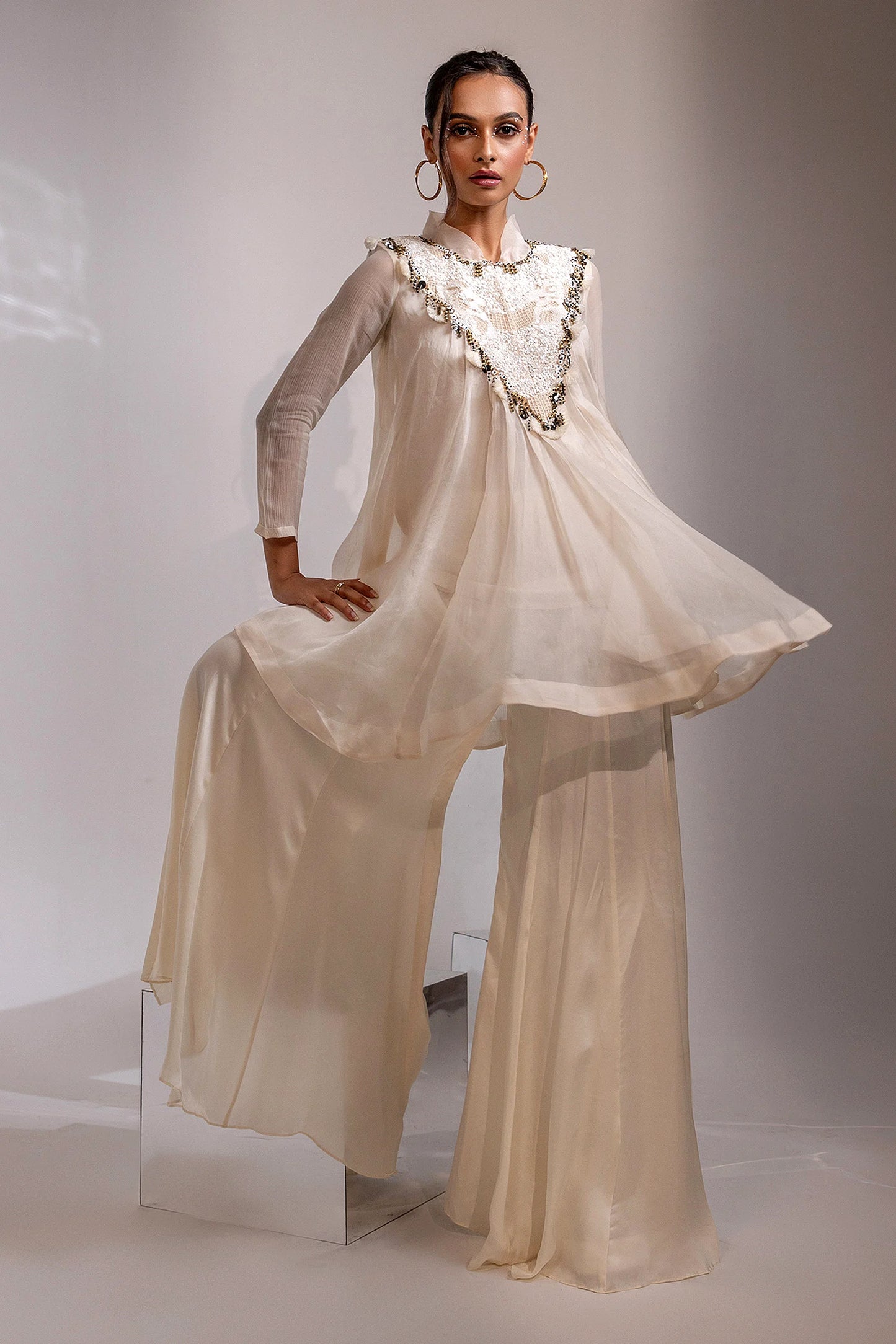 Ivory Sheer Tunic with Embellished Yoke Set