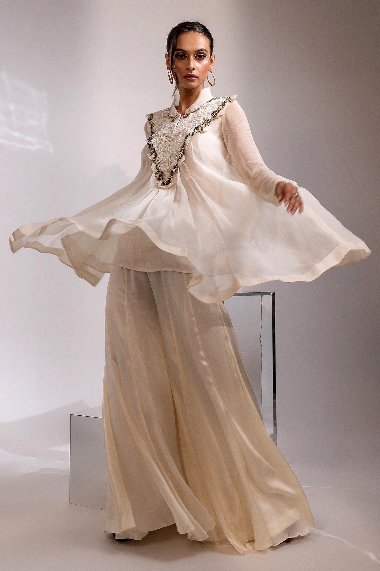 Ivory Sheer Tunic with Embellished Yoke Set