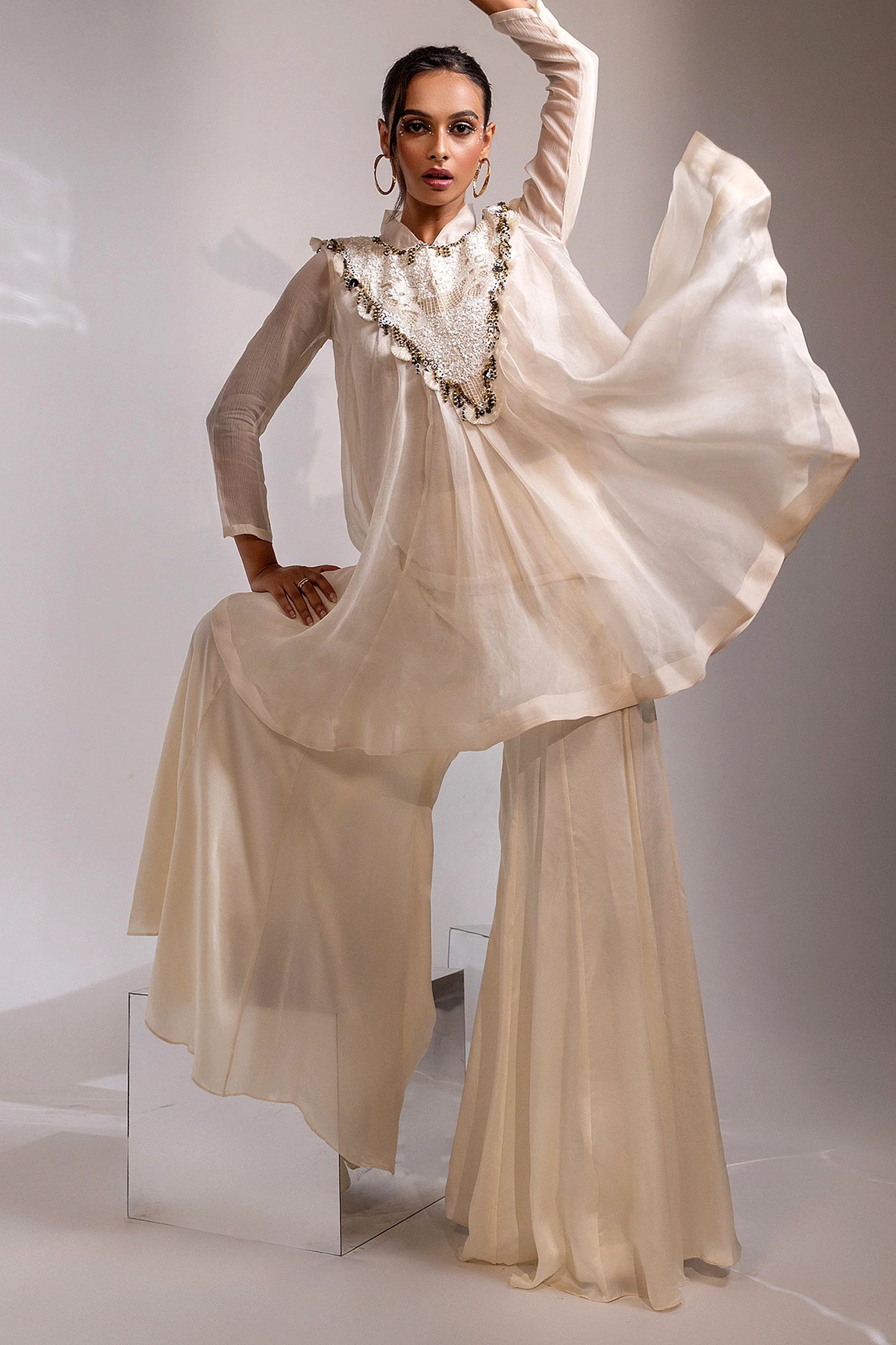 Ivory Sheer Tunic with Embellished Yoke Set
