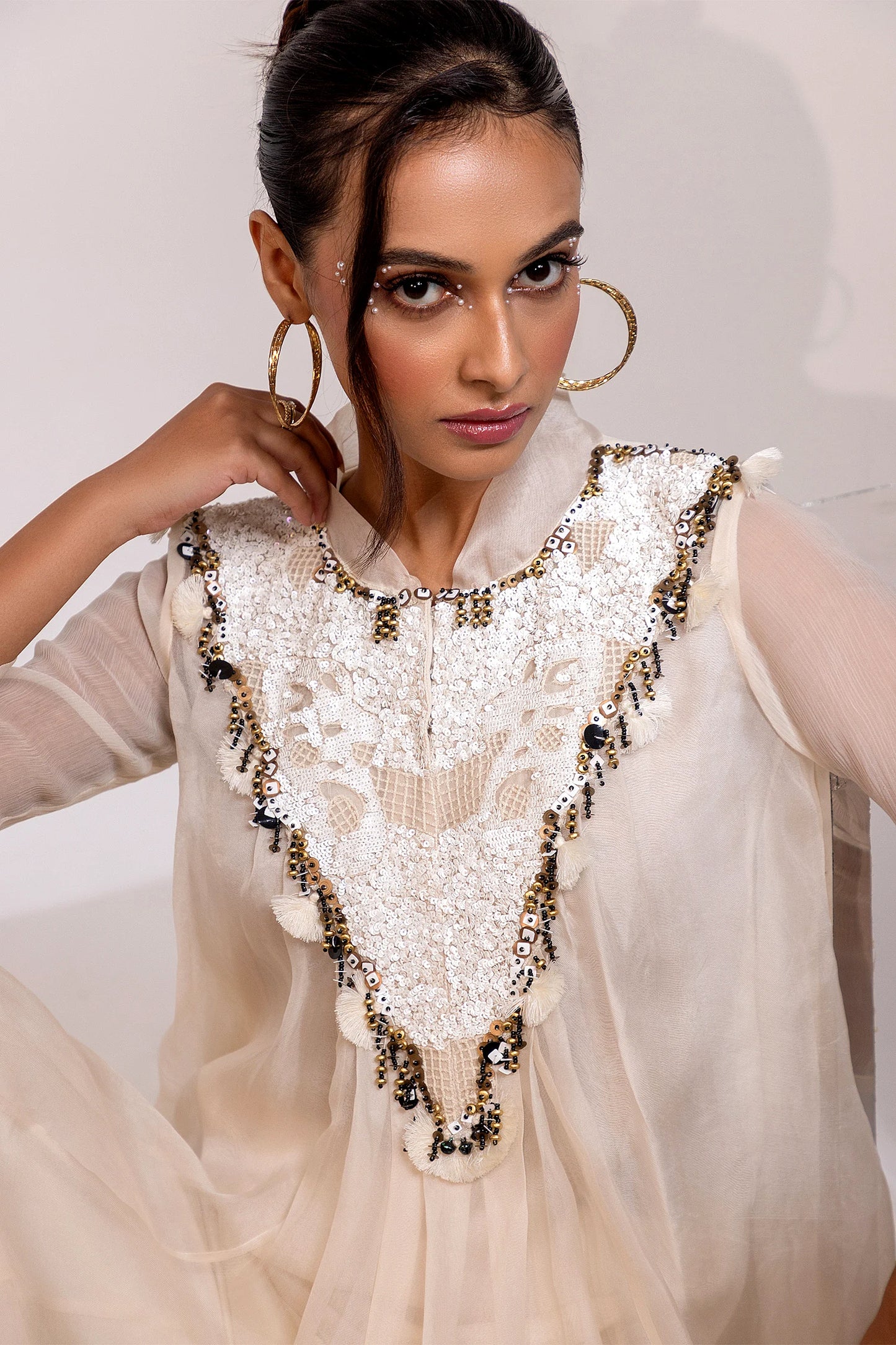 Ivory Sheer Tunic with Embellished Yoke Set