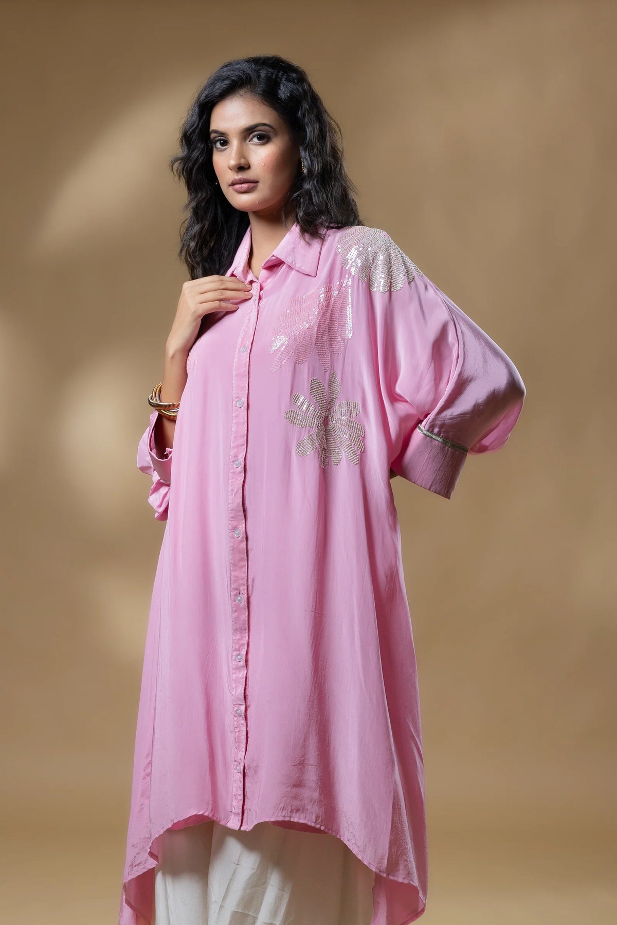 Pink Crepe Scattered Sequin Flower Co-ord