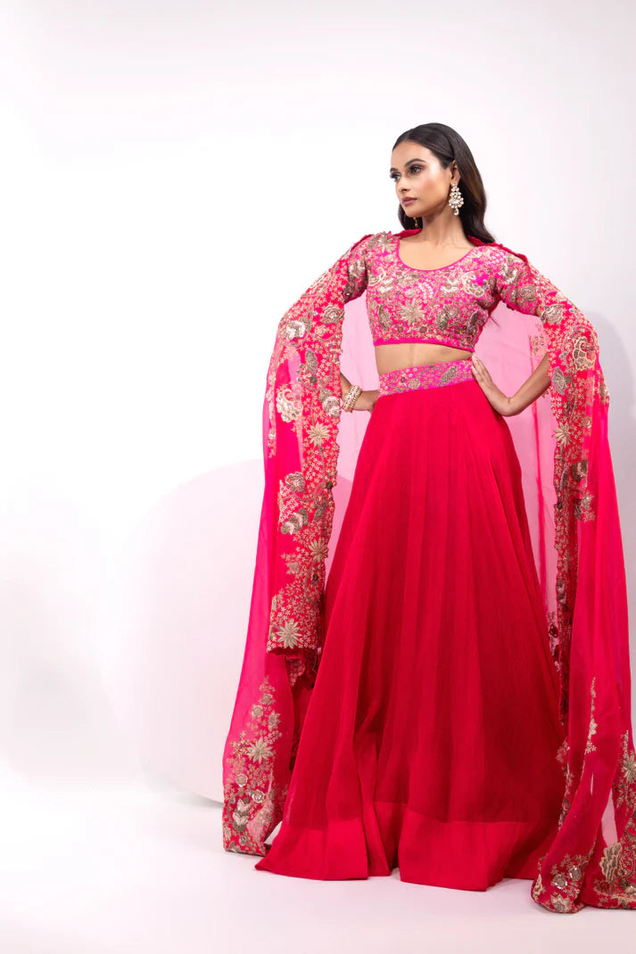 Pink Embroidered Blouse with Matching Lehenga and Sheer Dupatta