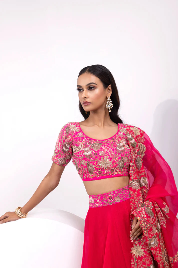 Pink Embroidered Blouse with Matching Lehenga and Sheer Dupatta
