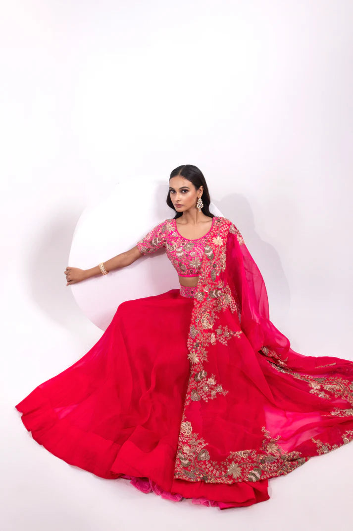 Pink Embroidered Blouse with Matching Lehenga and Sheer Dupatta