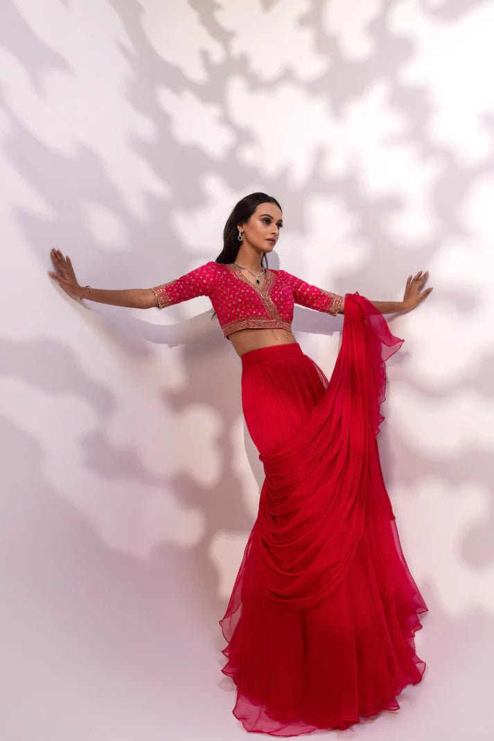 Pink Embroidered Blouse with Sheer Drape