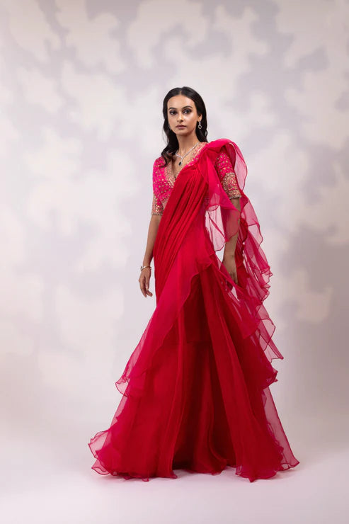 Pink Embroidered Blouse with Sheer Drape