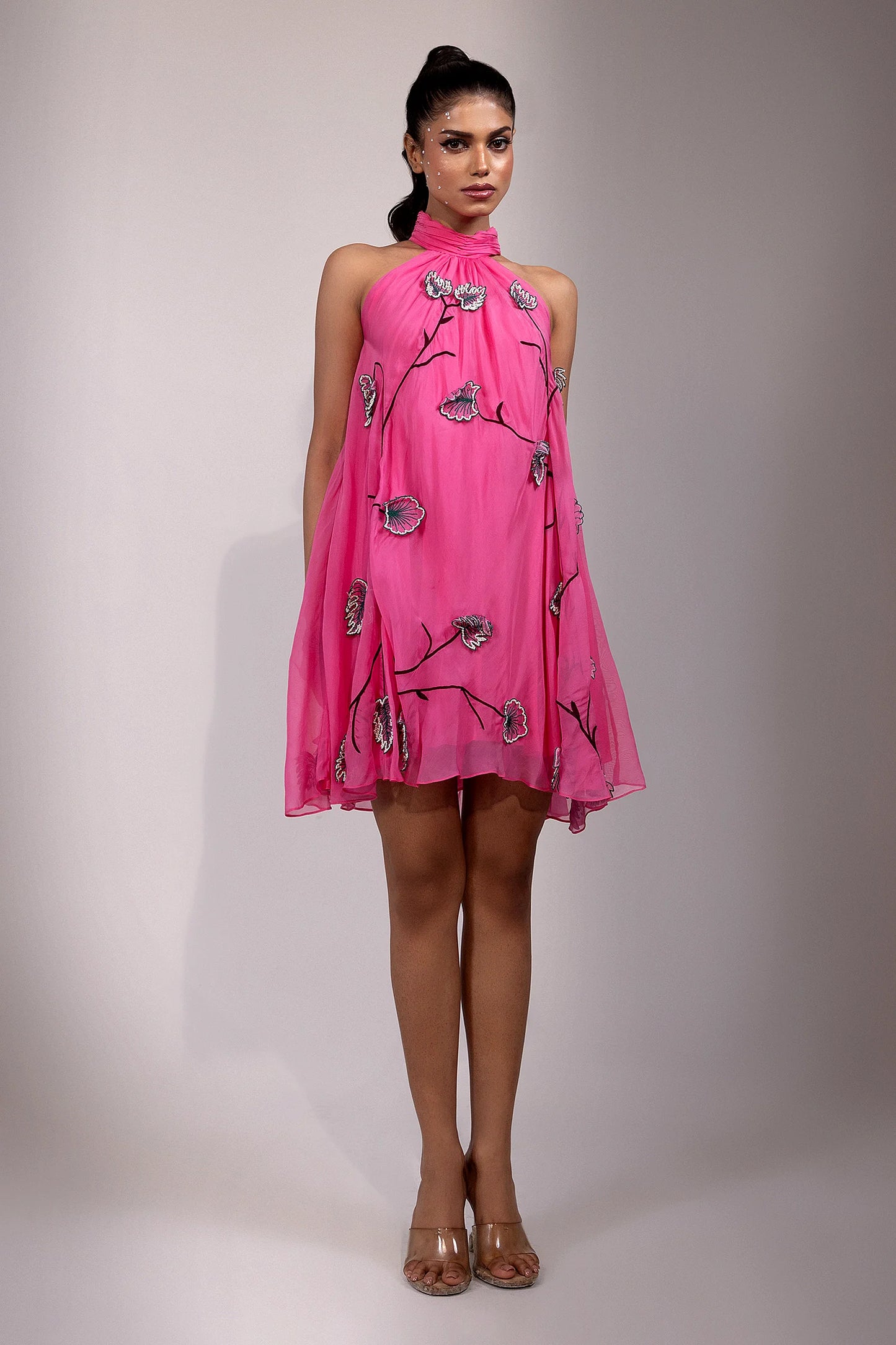 Pink Floral Embroidered Halter Mini Dress