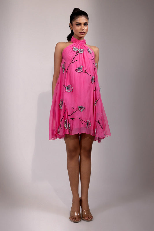 Pink Floral Embroidered Halter Mini Dress
