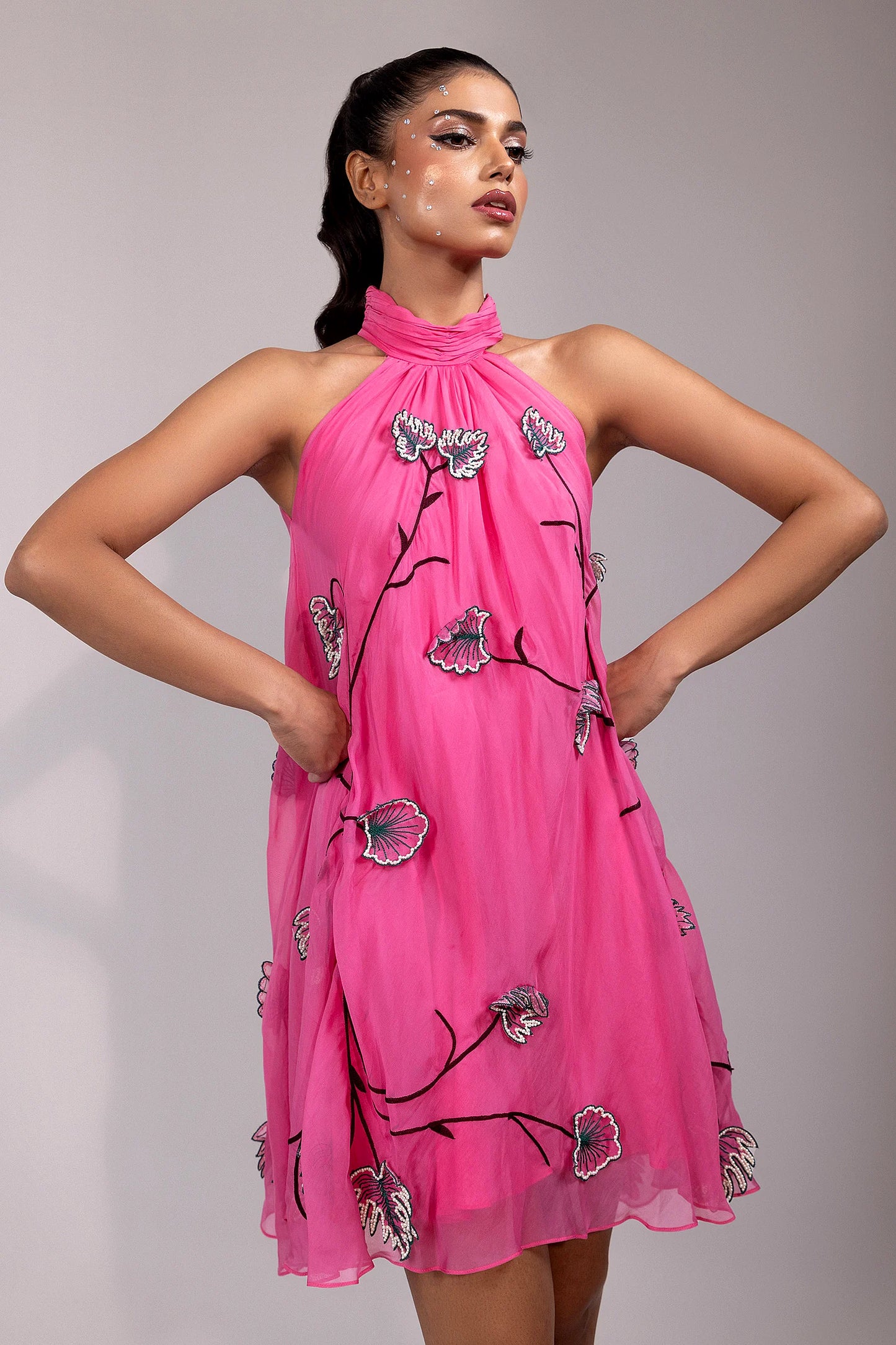 Pink Floral Embroidered Halter Mini Dress