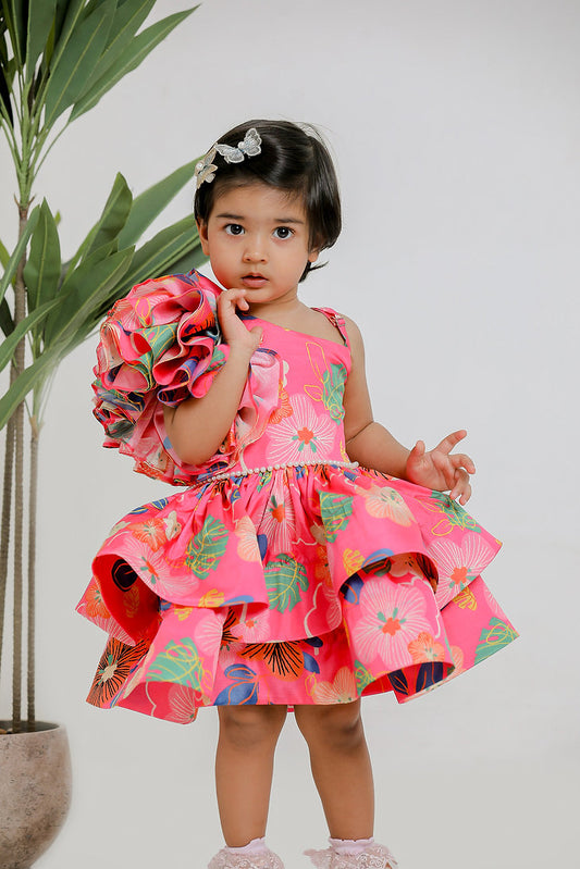 Pink Printed One Shoulder Dress