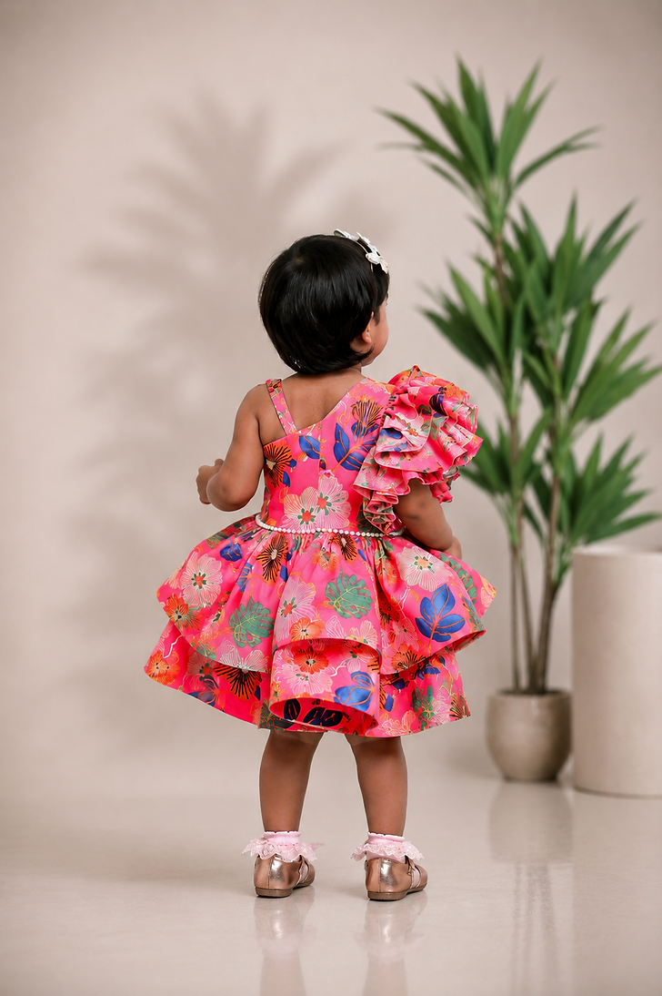 Pink Printed One Shoulder Dress