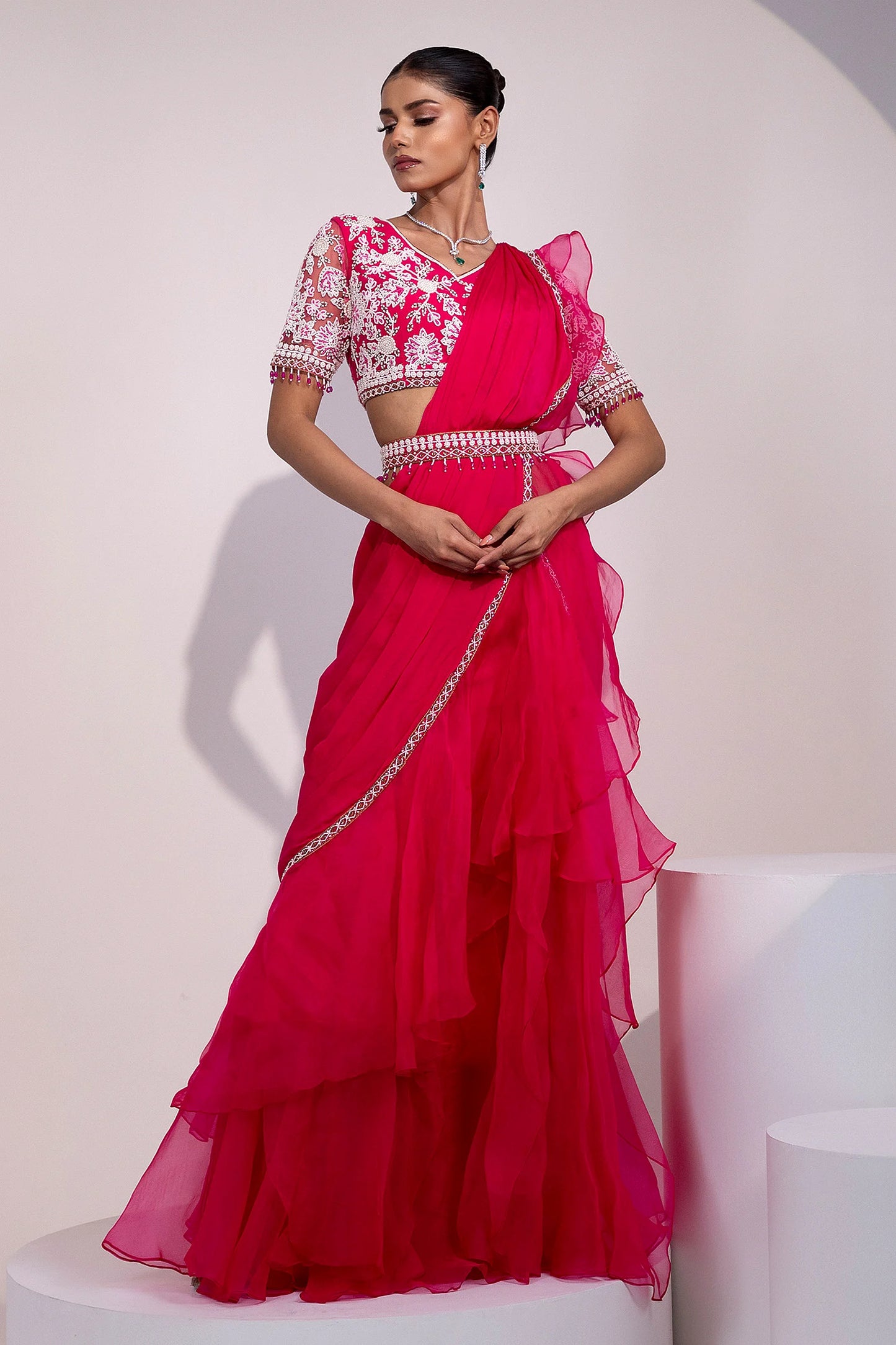 Pink Saree with White Floral Embroidered Blouse and Beaded Detailing