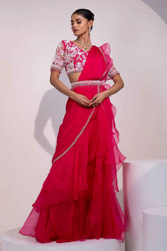 Pink Saree with White Floral Embroidered Blouse and Beaded Detailing