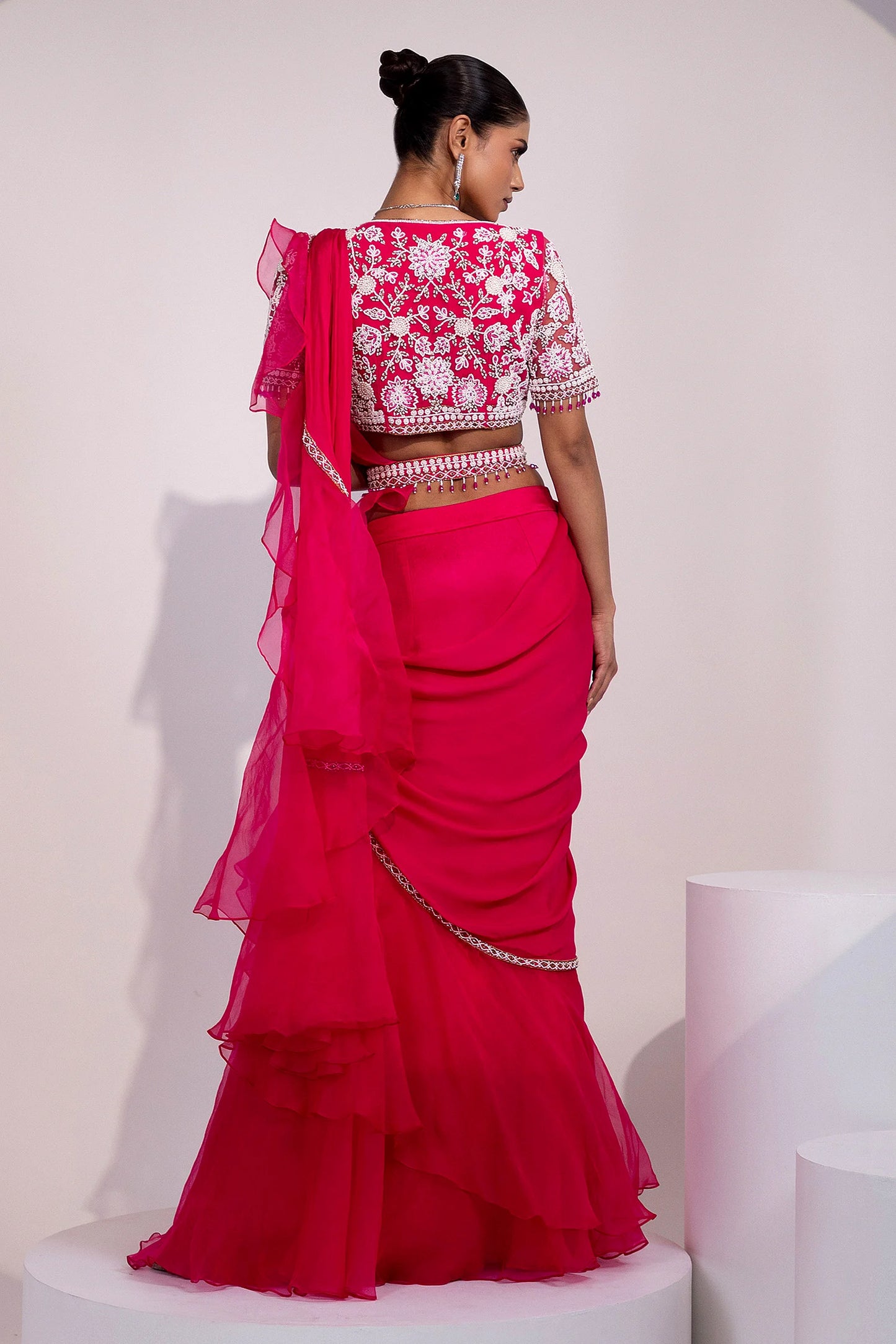 Pink Saree with White Floral Embroidered Blouse and Beaded Detailing