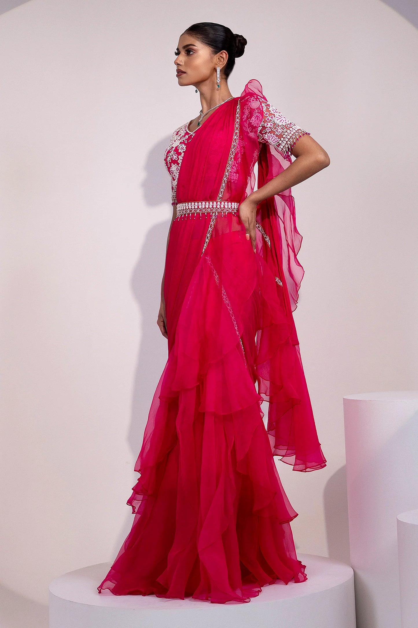 Pink Saree with White Floral Embroidered Blouse and Beaded Detailing