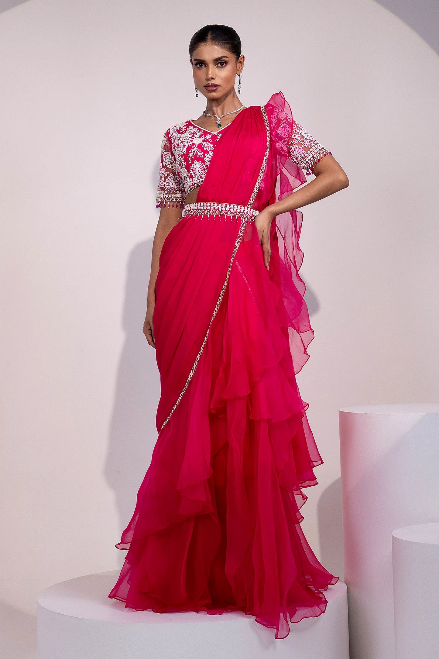 Pink Saree with White Floral Embroidered Blouse and Beaded Detailing