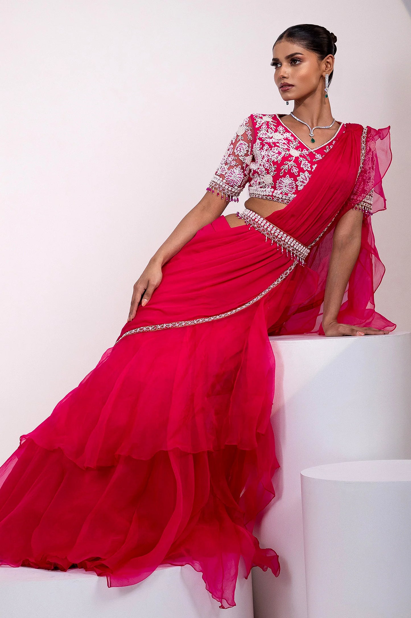 Pink Saree with White Floral Embroidered Blouse and Beaded Detailing