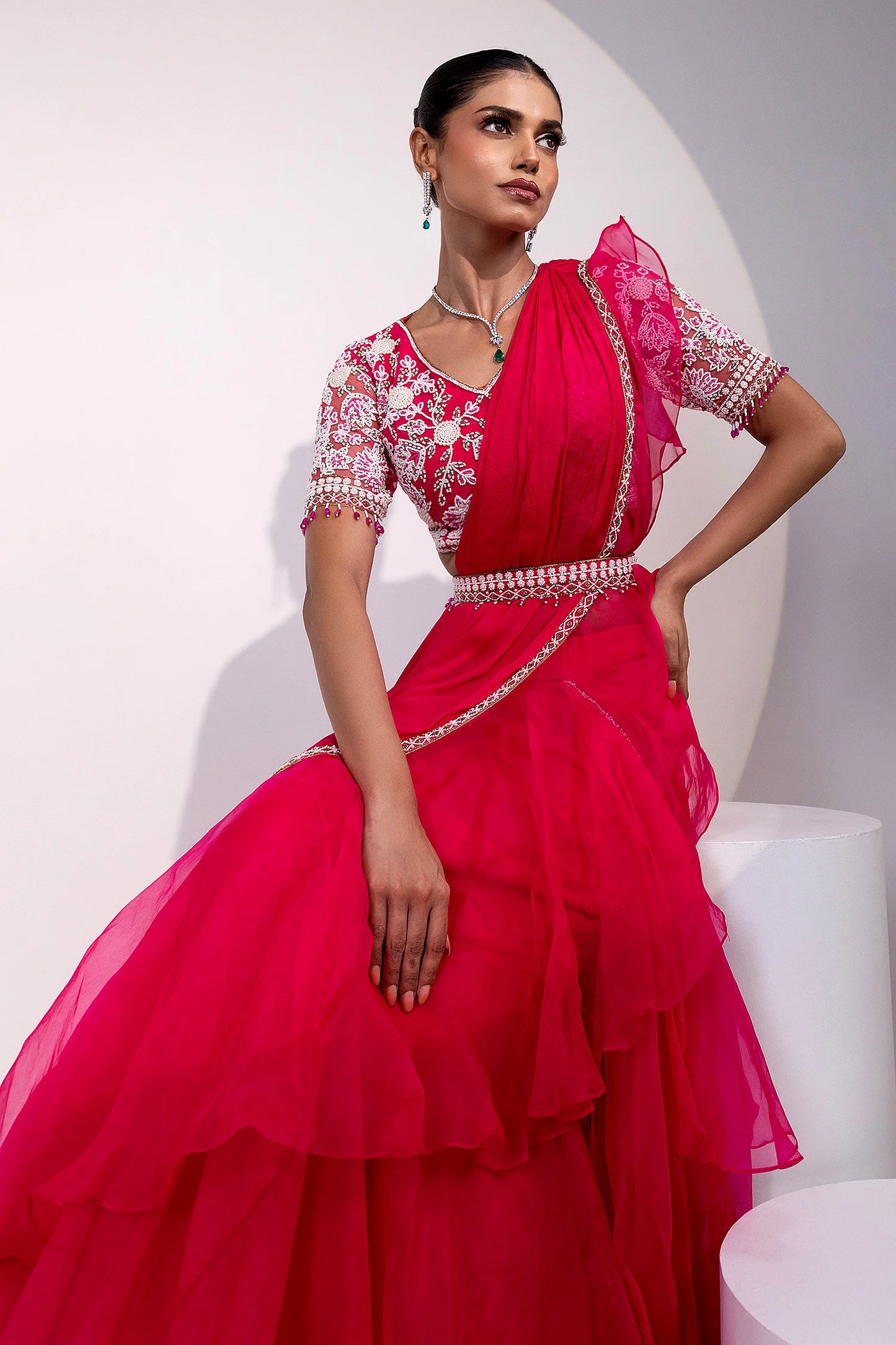 Pink Saree with White Floral Embroidered Blouse and Beaded Detailing