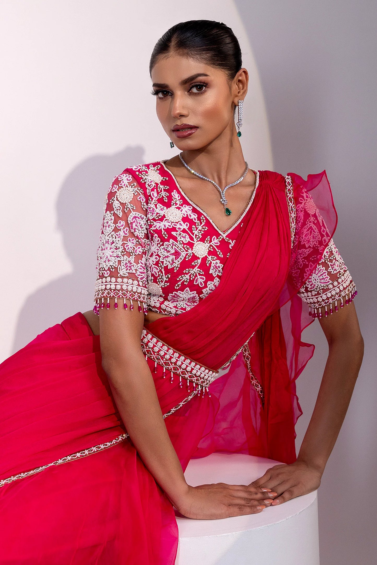 Pink Saree with White Floral Embroidered Blouse and Beaded Detailing