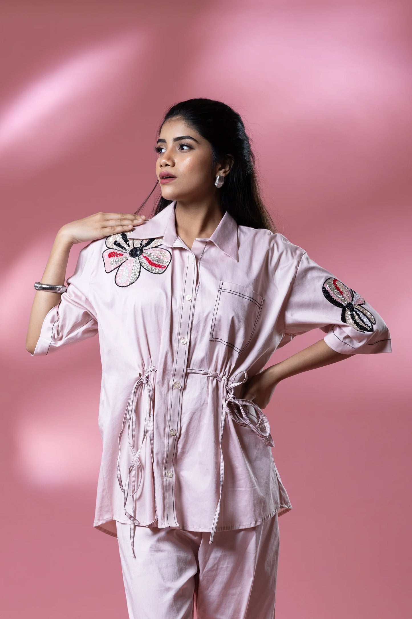 Pink Sequin Double Flower Patch Co Ord