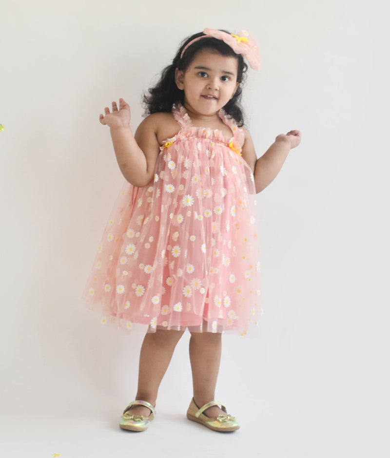 Pink Flower Print Net Dress for Girls