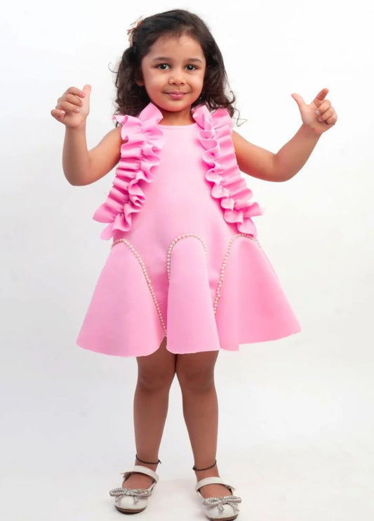 Pink Neoprene A-Line Dress with a Pattern