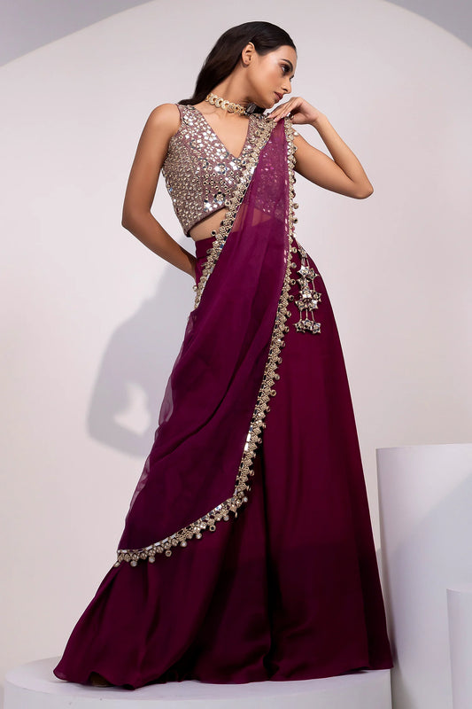 Plum Mirror-Embellished Blouse with Matching Saree