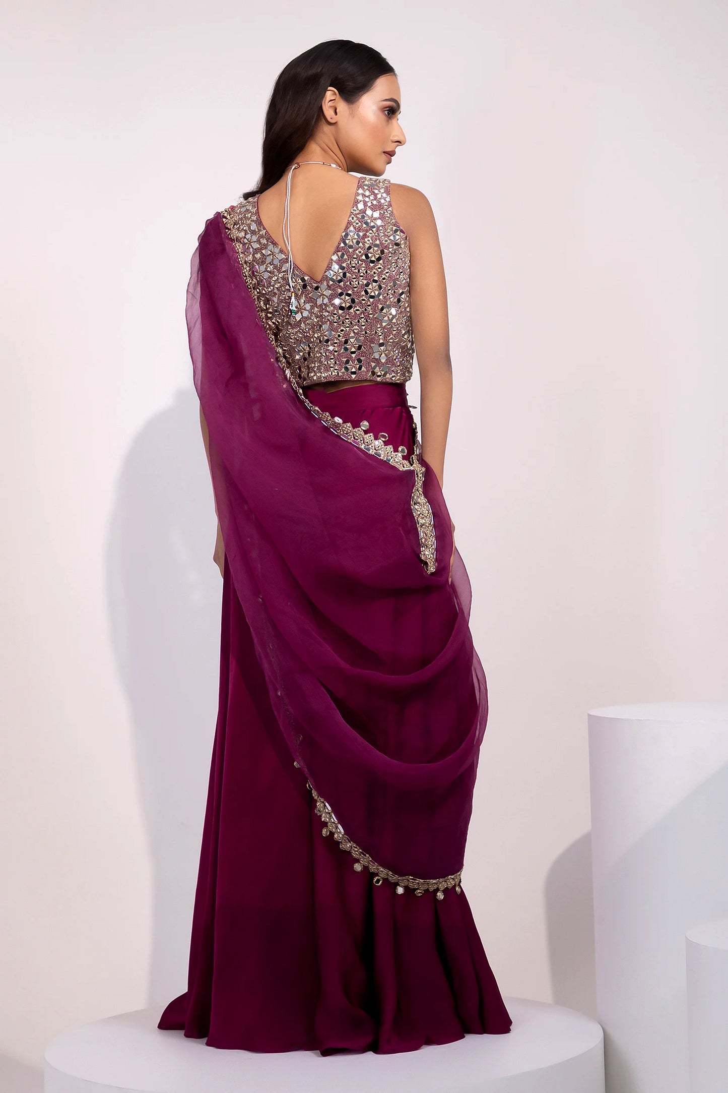 Plum Mirror-Embellished Blouse with Matching Saree