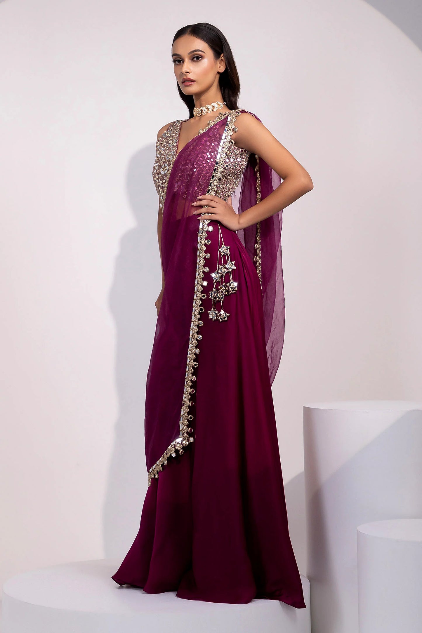 Plum Mirror-Embellished Blouse with Matching Saree