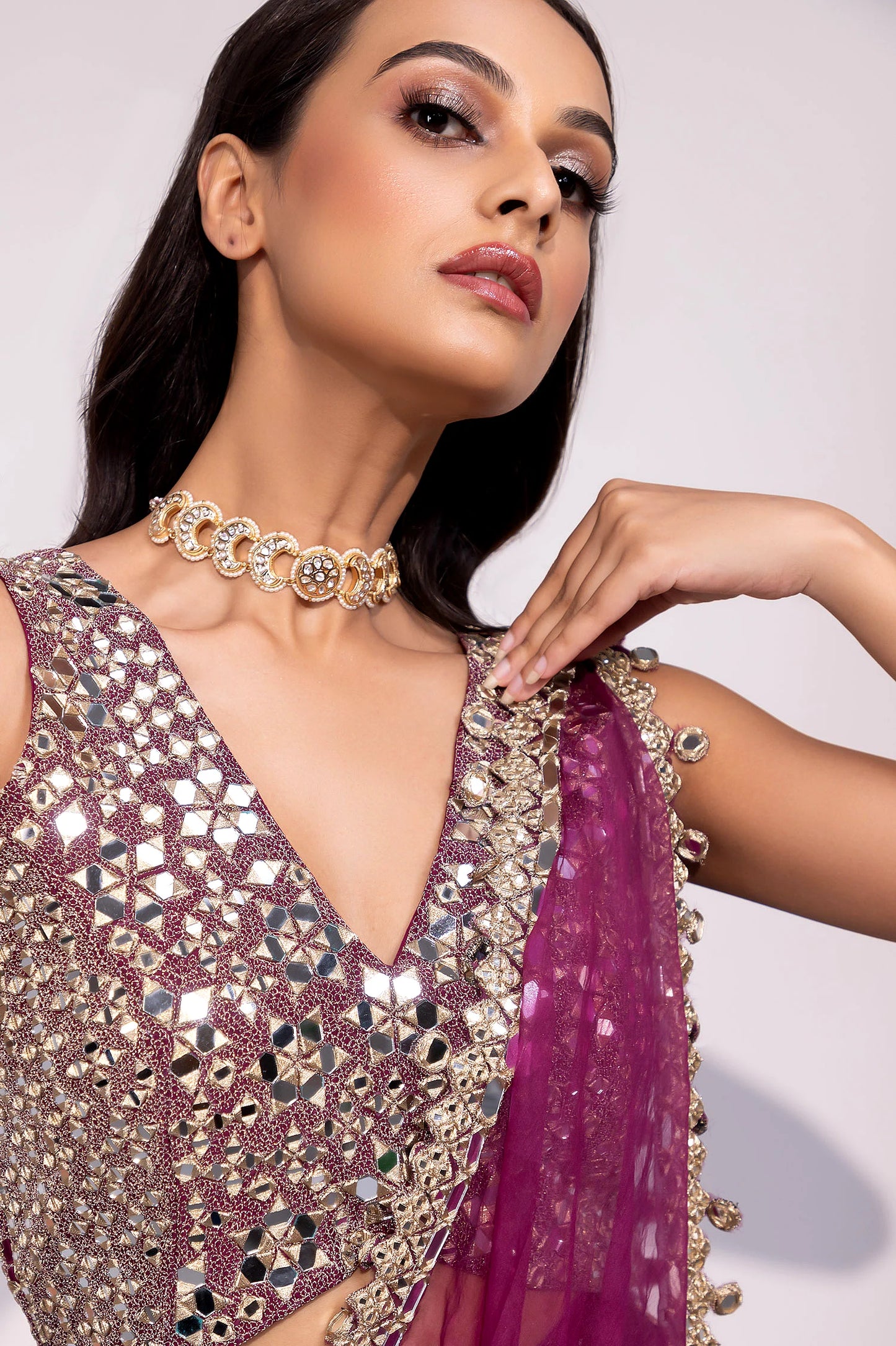 Plum Mirror-Embellished Blouse with Matching Saree
