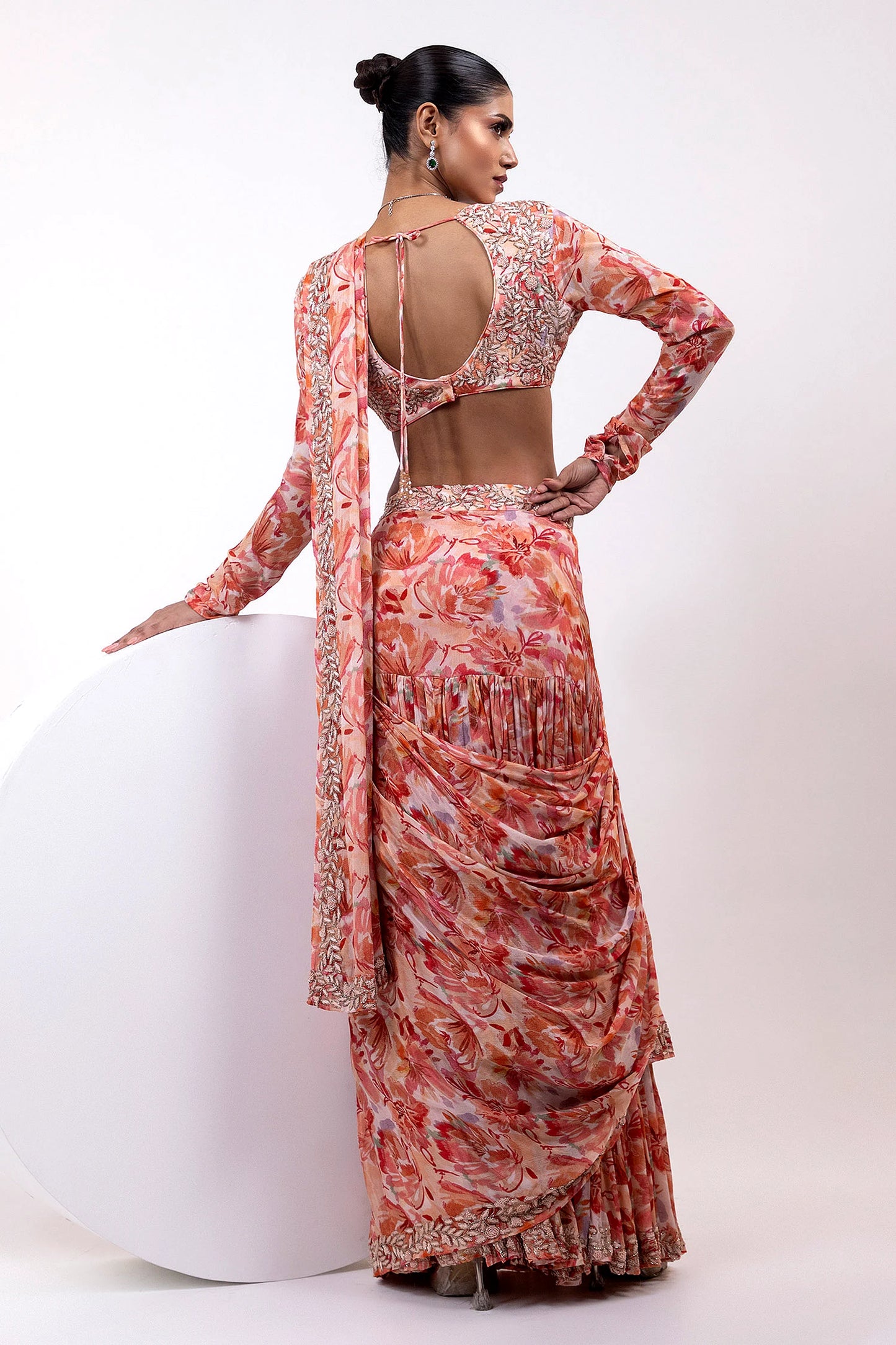 Printed Ruffle Saree with Embellished Full-Sleeve Blouse