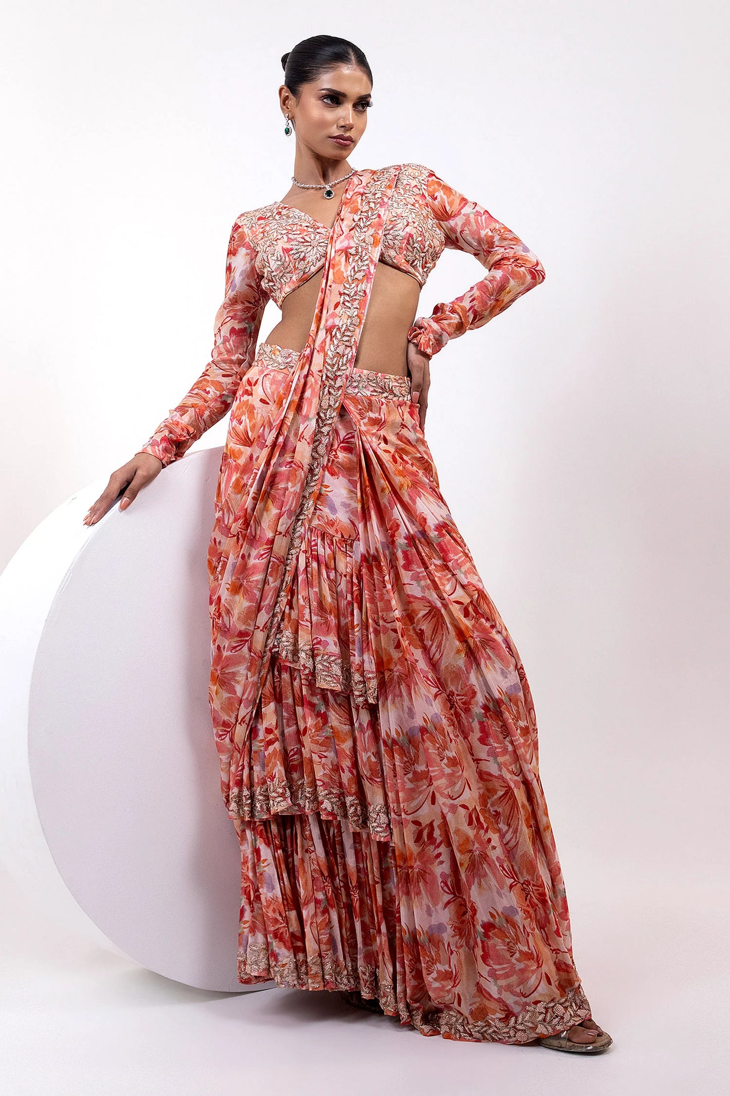 Printed Ruffle Saree with Embellished Full-Sleeve Blouse