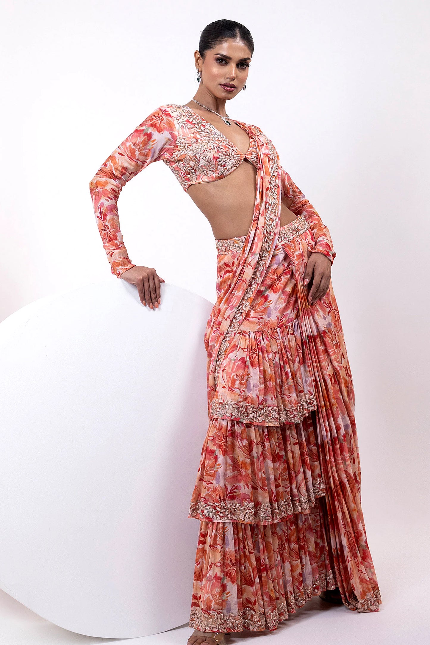 Printed Ruffle Saree with Embellished Full-Sleeve Blouse