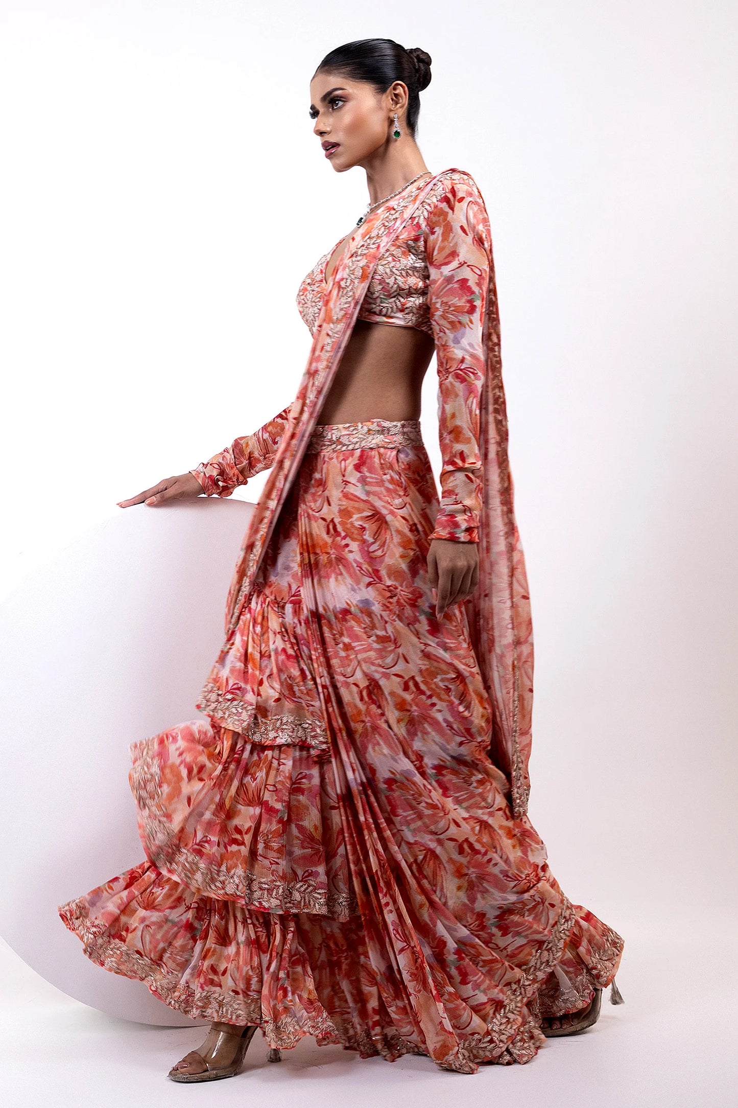 Printed Ruffle Saree with Embellished Full-Sleeve Blouse