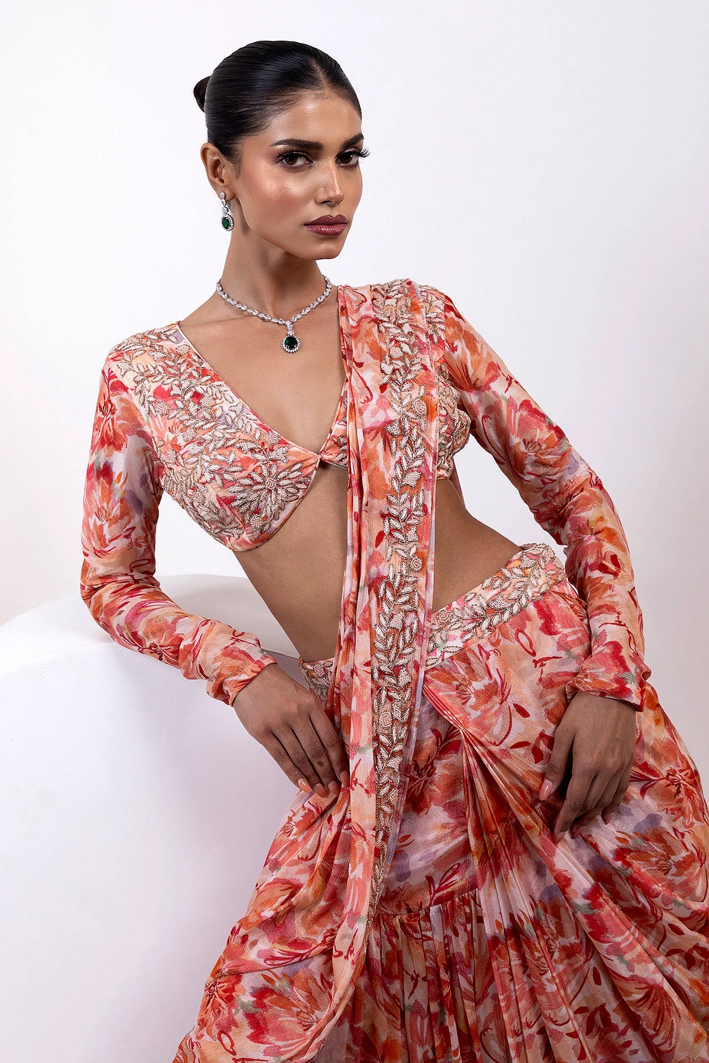 Printed Ruffle Saree with Embellished Full-Sleeve Blouse